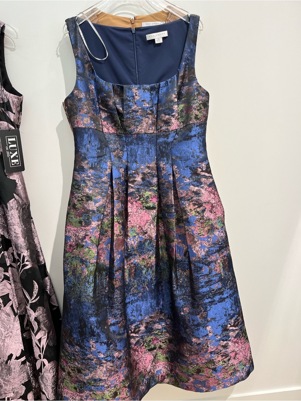 Kay Unger Blue Multi Floral-Texture Midi Dress
